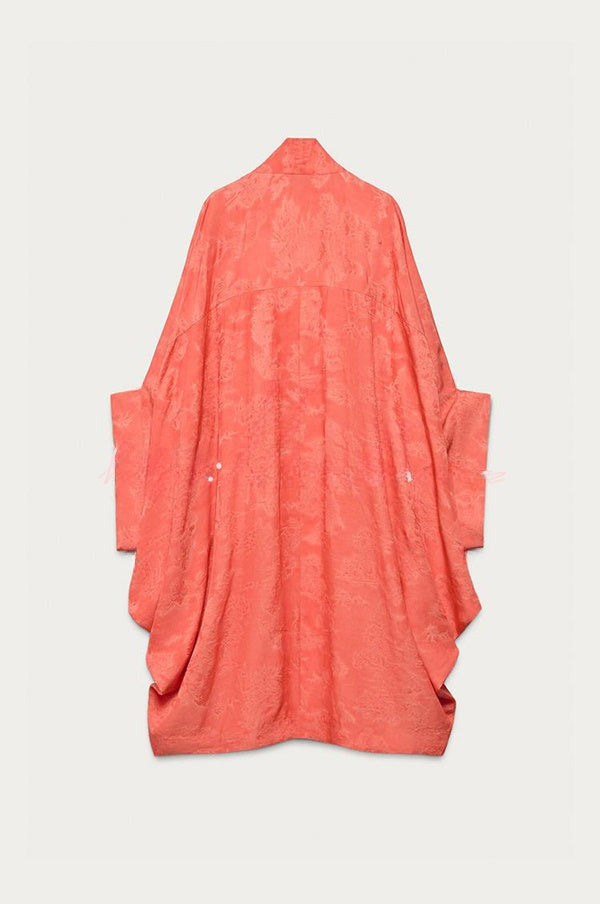 Inès | Long manteau kimono ample en satin jacquard imprimé à manches chauve-souris