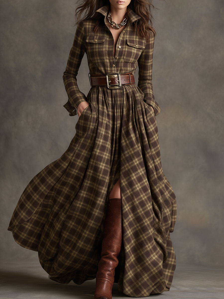 Margaux | Robe longue à revers et carreaux brun rougeâtre, style ethnique rétro