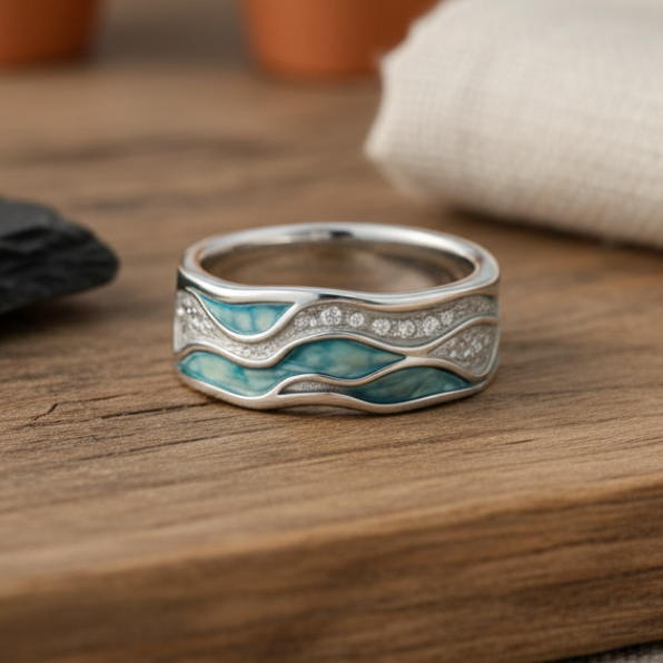 Geneviève - Bague vagues turquoise en argent