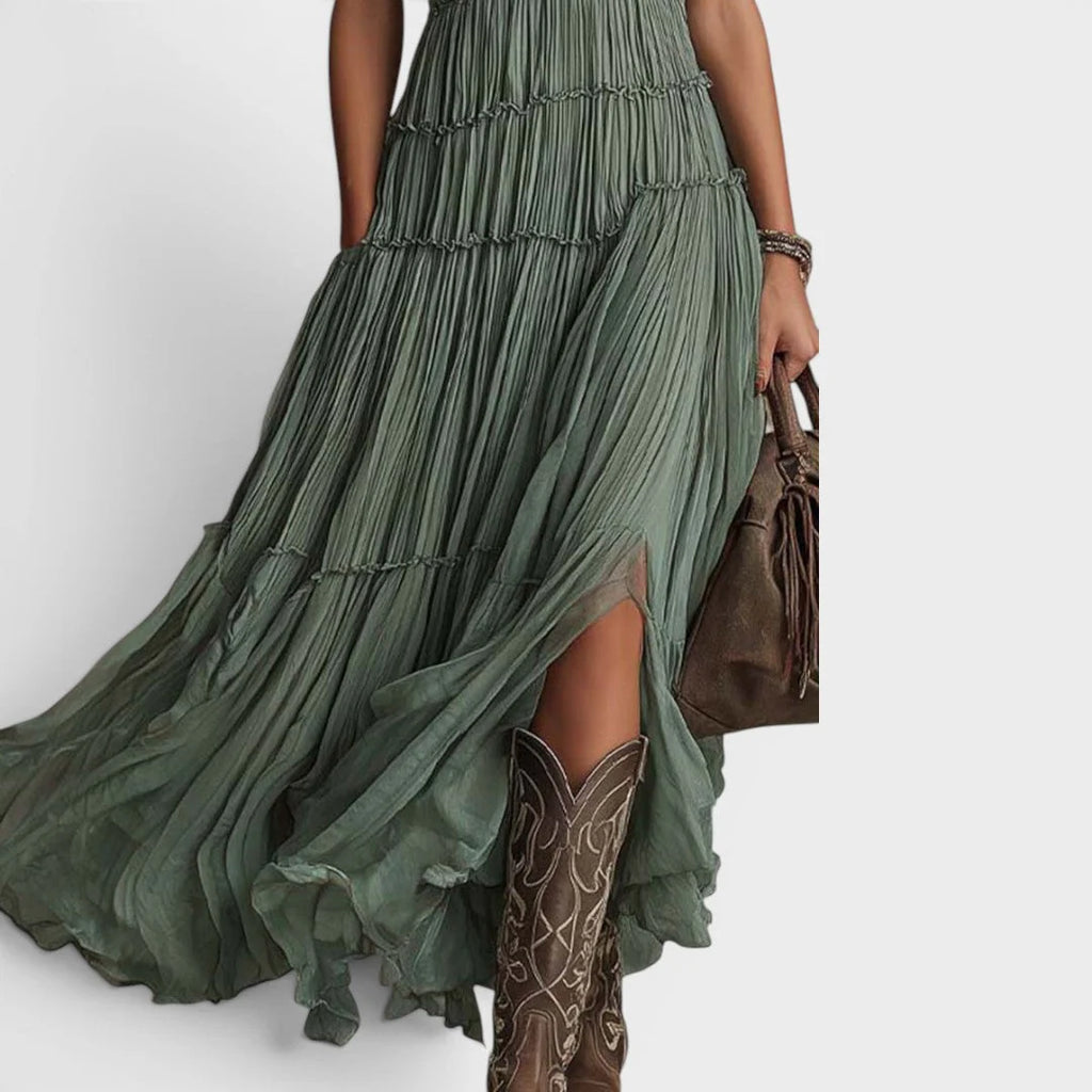 África | Vestido largo verde de estilo bohemio y fluido