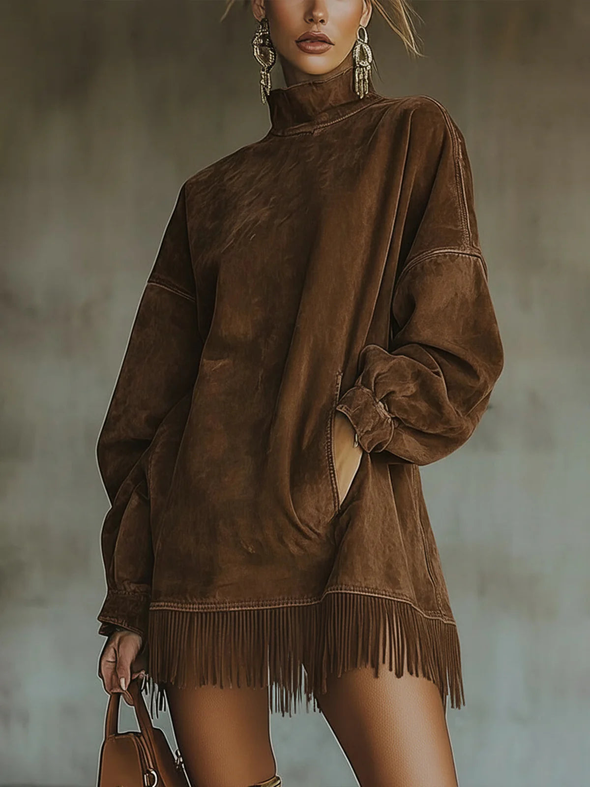 Faustine | Robe à col roulé en daim à franges