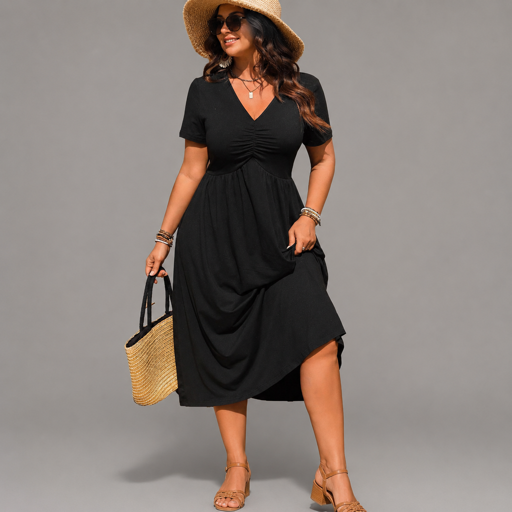 Macarena | Vestido midi negro escote drapeado