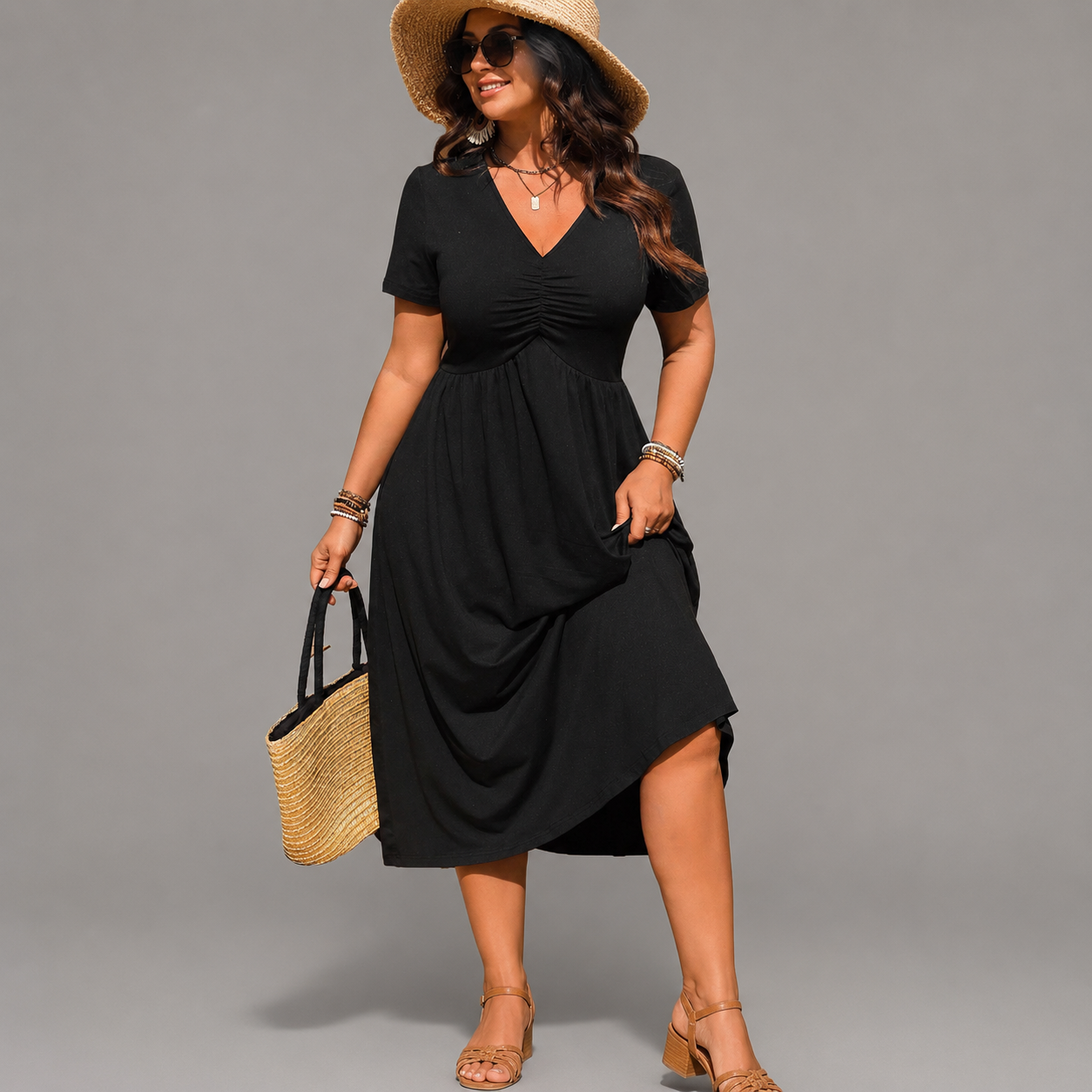 Macarena | Vestido midi negro escote drapeado