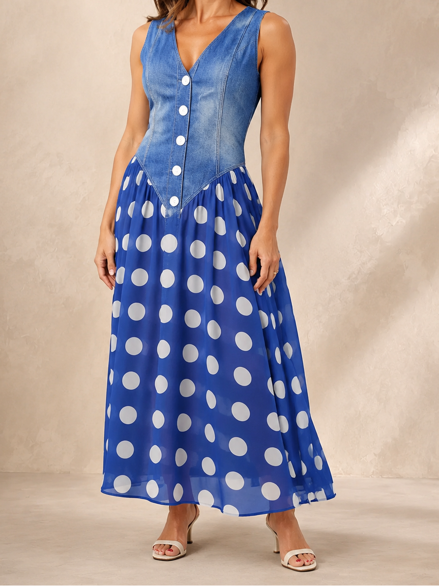 Cayetana | Vestido midi combinado de lunares con botones