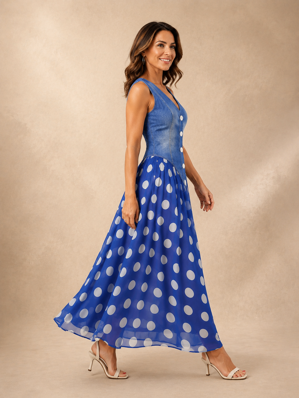 Cayetana | Vestido midi combinado de lunares con botones