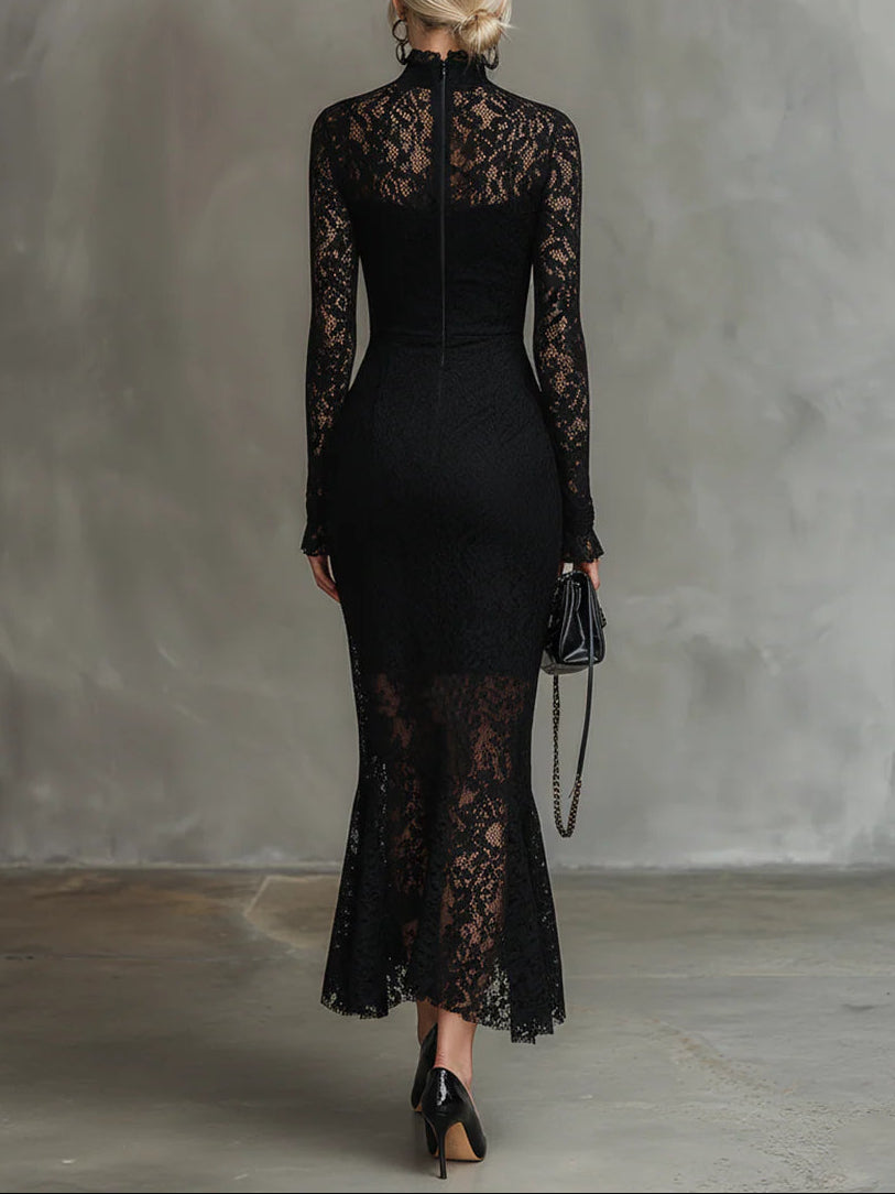 Eugénie | Robe longue noire élégante en dentelle extensible à bas queue de poisson