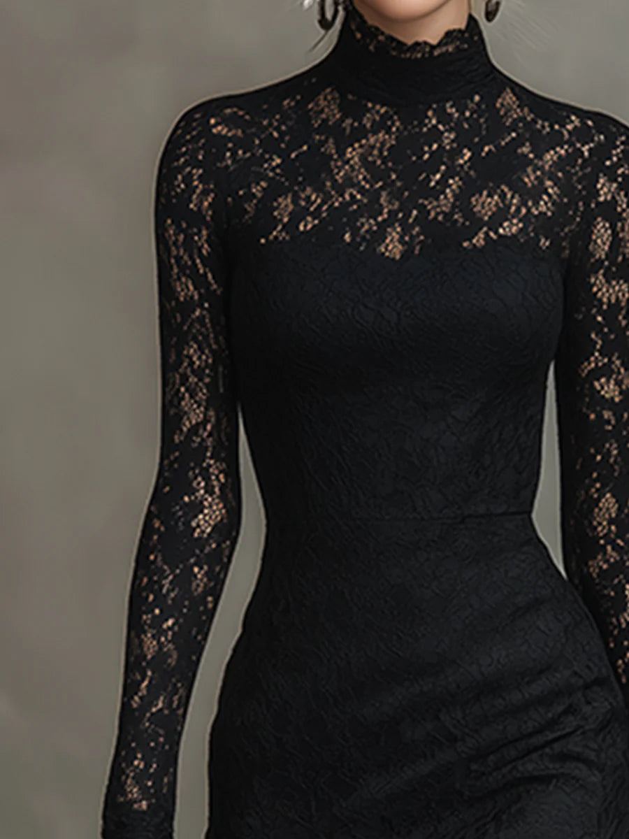 Eugénie | Robe longue noire élégante en dentelle extensible à bas queue de poisson