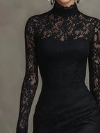 Eugénie | Robe longue noire élégante en dentelle extensible à bas queue de poisson