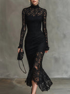 Eugénie | Robe longue noire élégante en dentelle extensible à bas queue de poisson