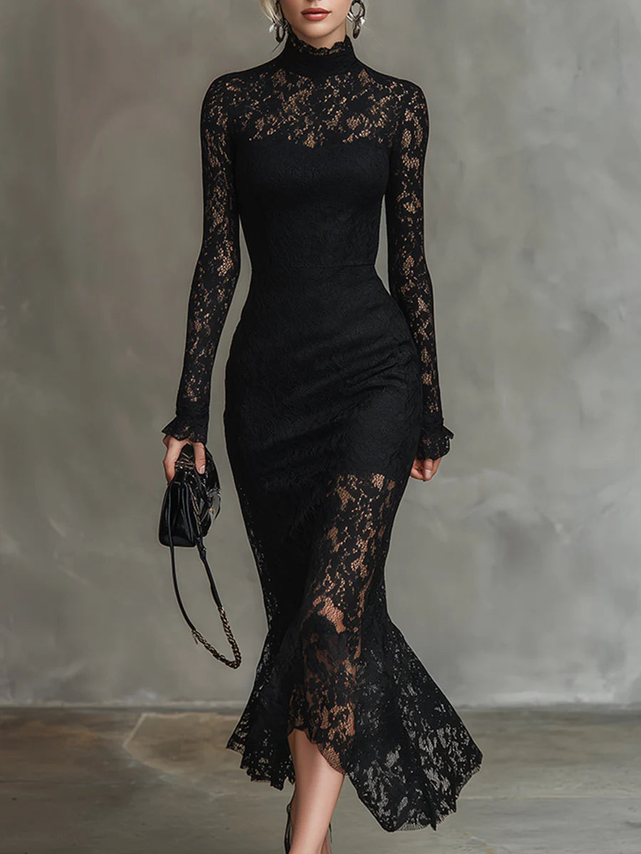 Eugénie | Robe longue noire élégante en dentelle extensible à bas queue de poisson