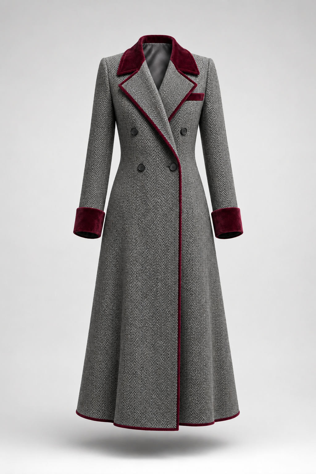 Adèle | Long manteau à chevrons avec bords en velours