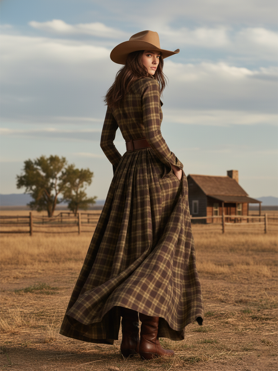 Margaux | Robe longue à revers et carreaux brun rougeâtre, style ethnique rétro