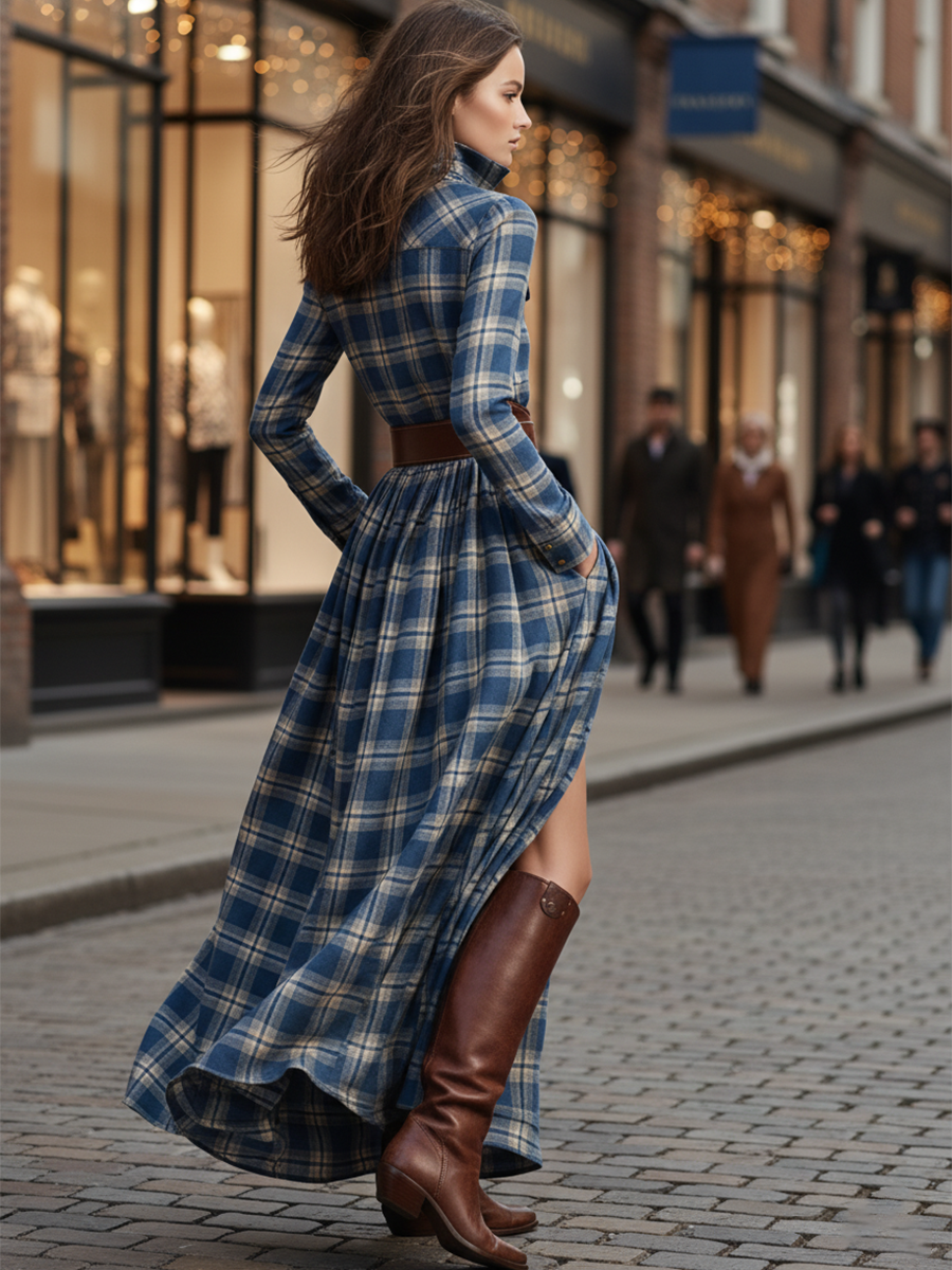 Margaux | Robe longue à revers et carreaux brun rougeâtre, style ethnique rétro