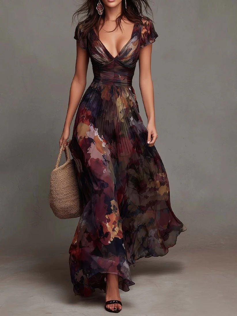 Eulalie | Robe longue plissée à fleurs aquarelle