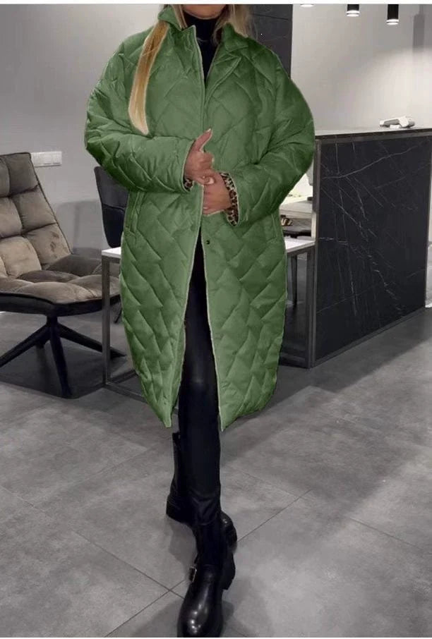 Olive™ | Manteau réversible matelassé mi-long avec doublure léopard