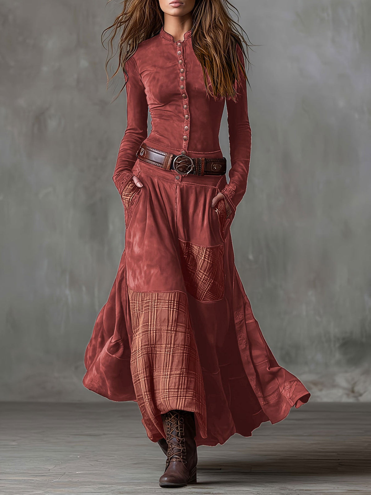 Élisa | Robe longue effet daim avec ceinture