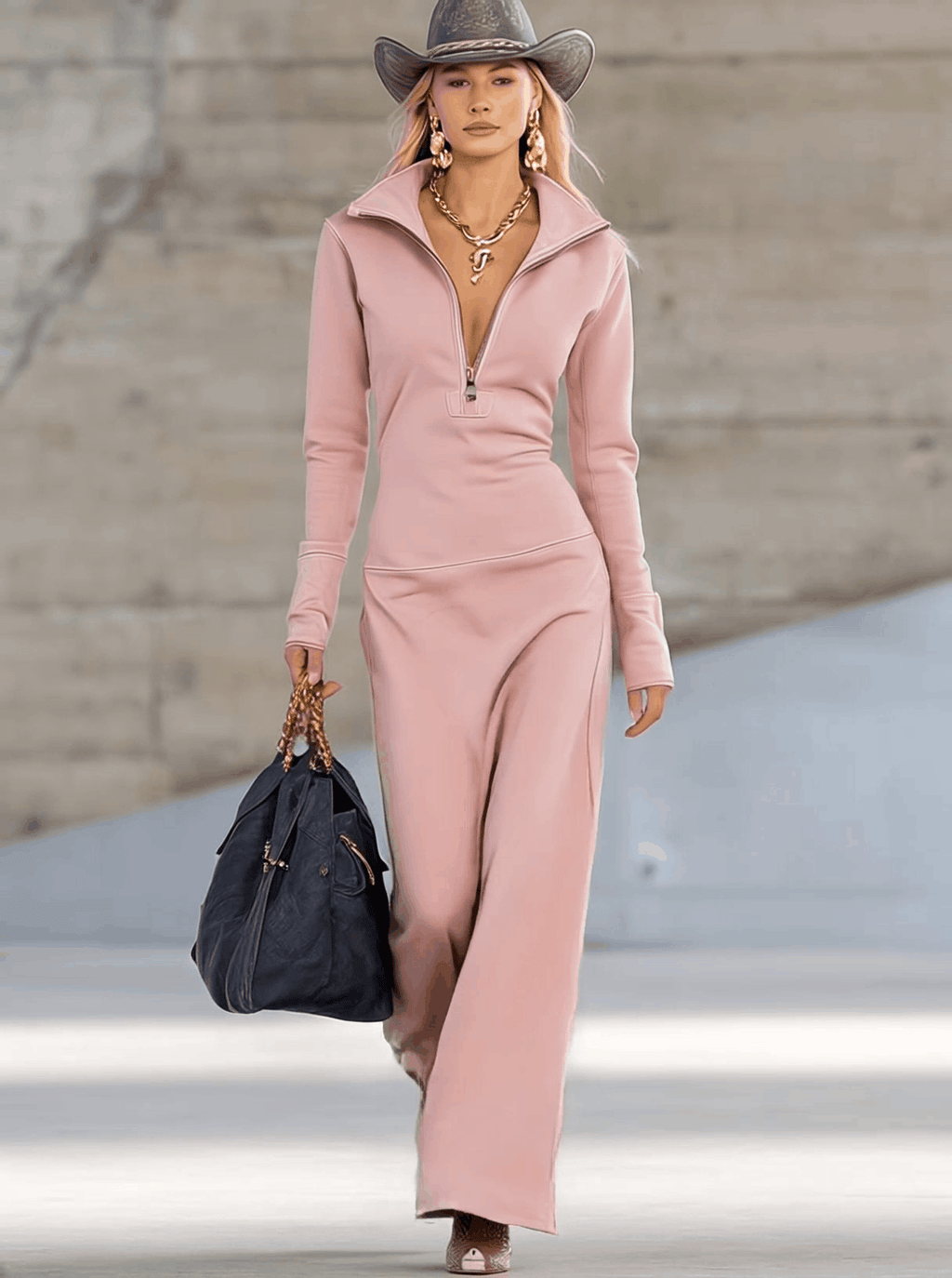 Solenne | Robe longue rétro sportive à col V, zip devant et manches longues