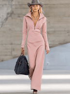 Solenne | Robe longue rétro sportive à col V, zip devant et manches longues