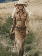 Camille | Robe mi-longue western rétro à revers, zippée, manches longues et franges