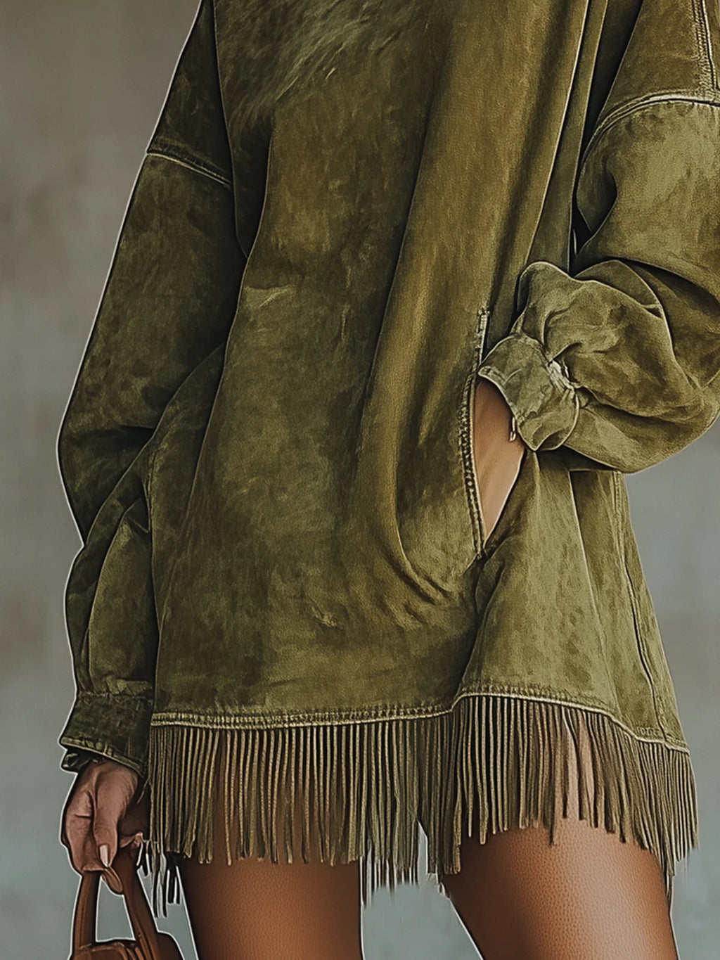Faustine | Robe en daim à franges et col roulé