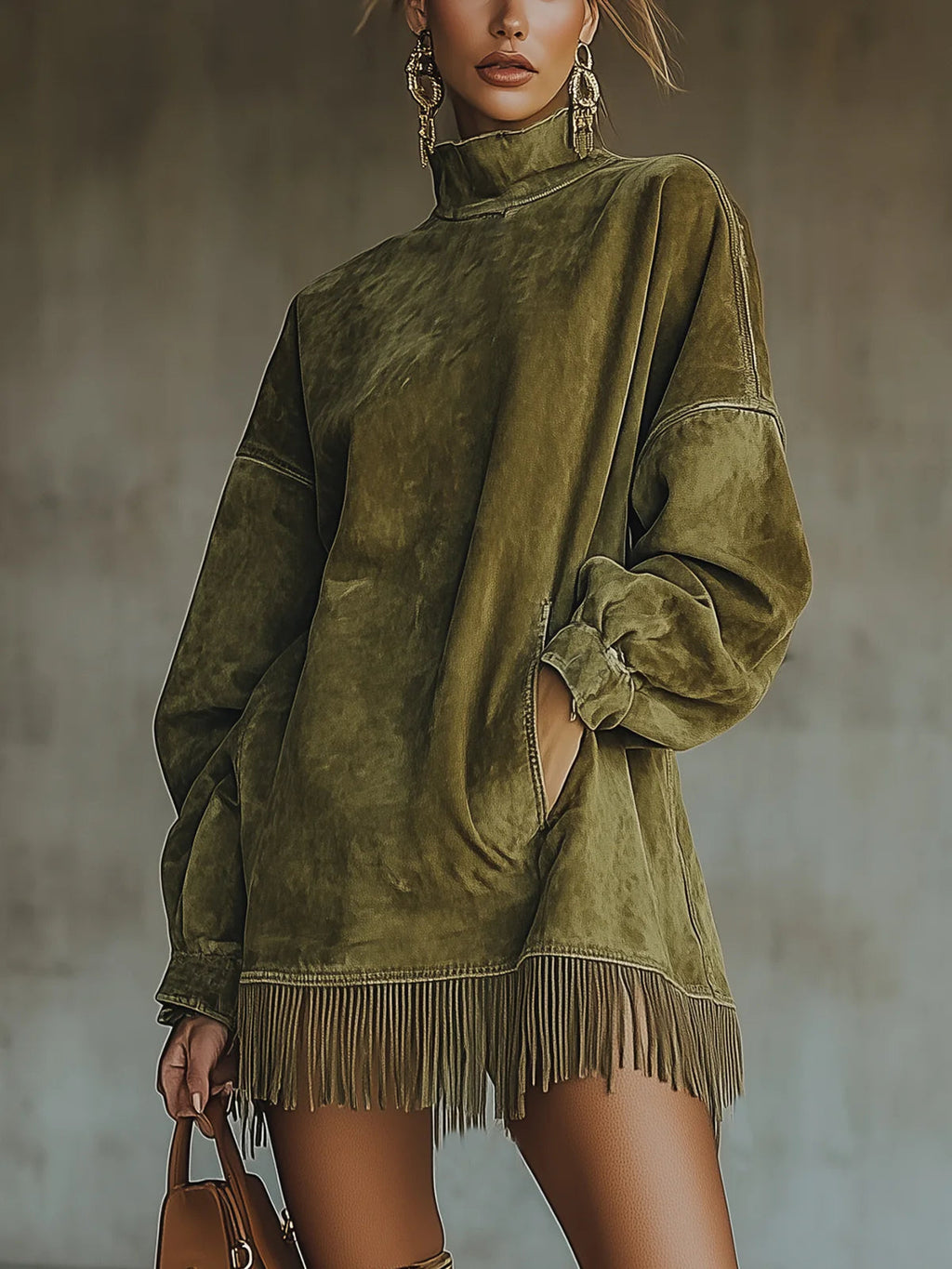 Faustine | Robe en daim à franges et col roulé