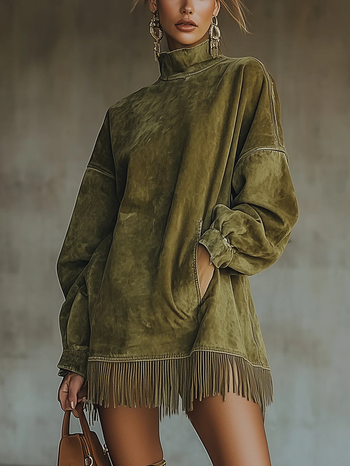 Faustine | Robe en daim à franges et col roulé