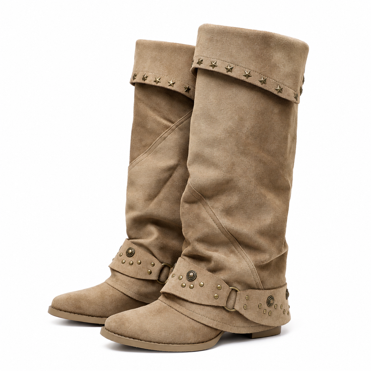 Fanny | Bottes slouchy à revers, clous étoiles et sangle à boucle cloutée