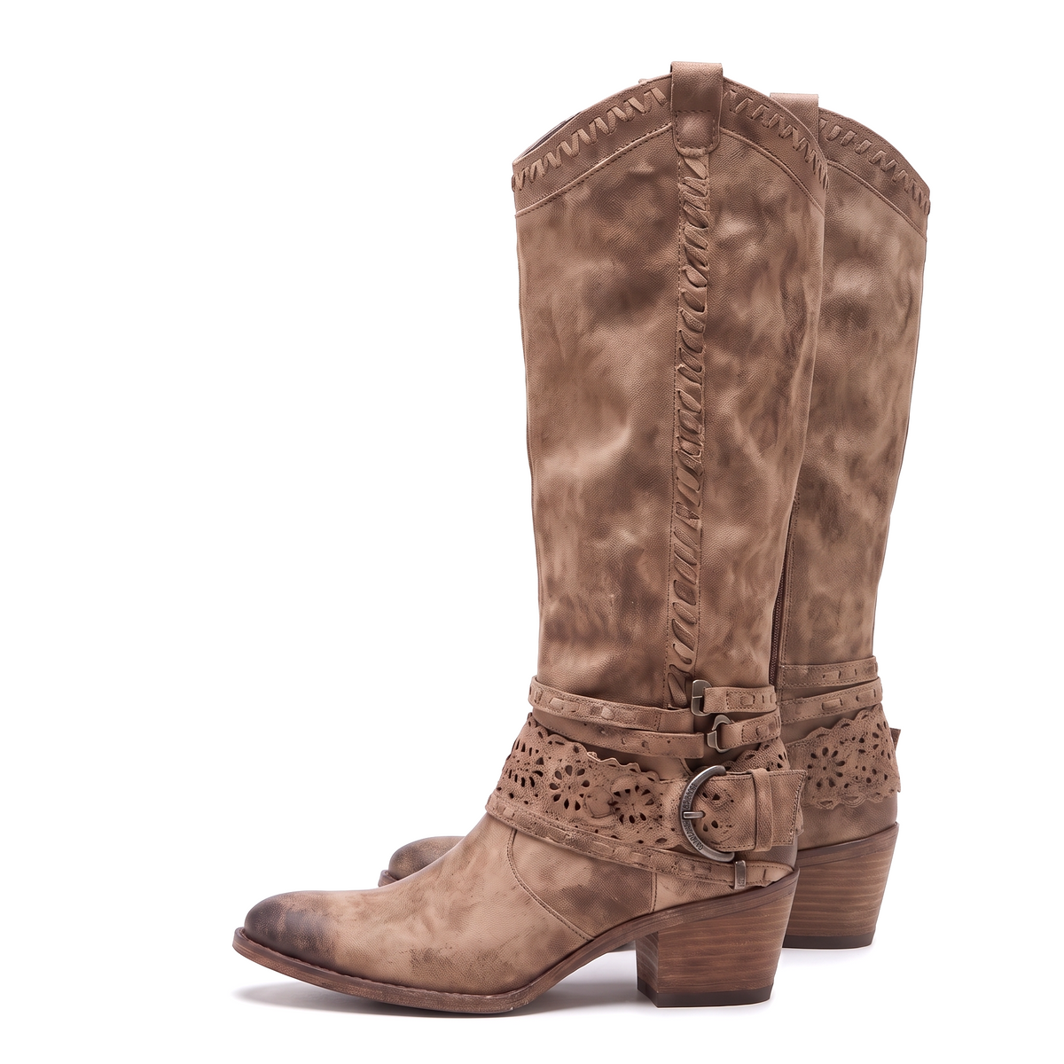 Solène | Bottes western slouchy à sangle harnais perforée et talon sculpté