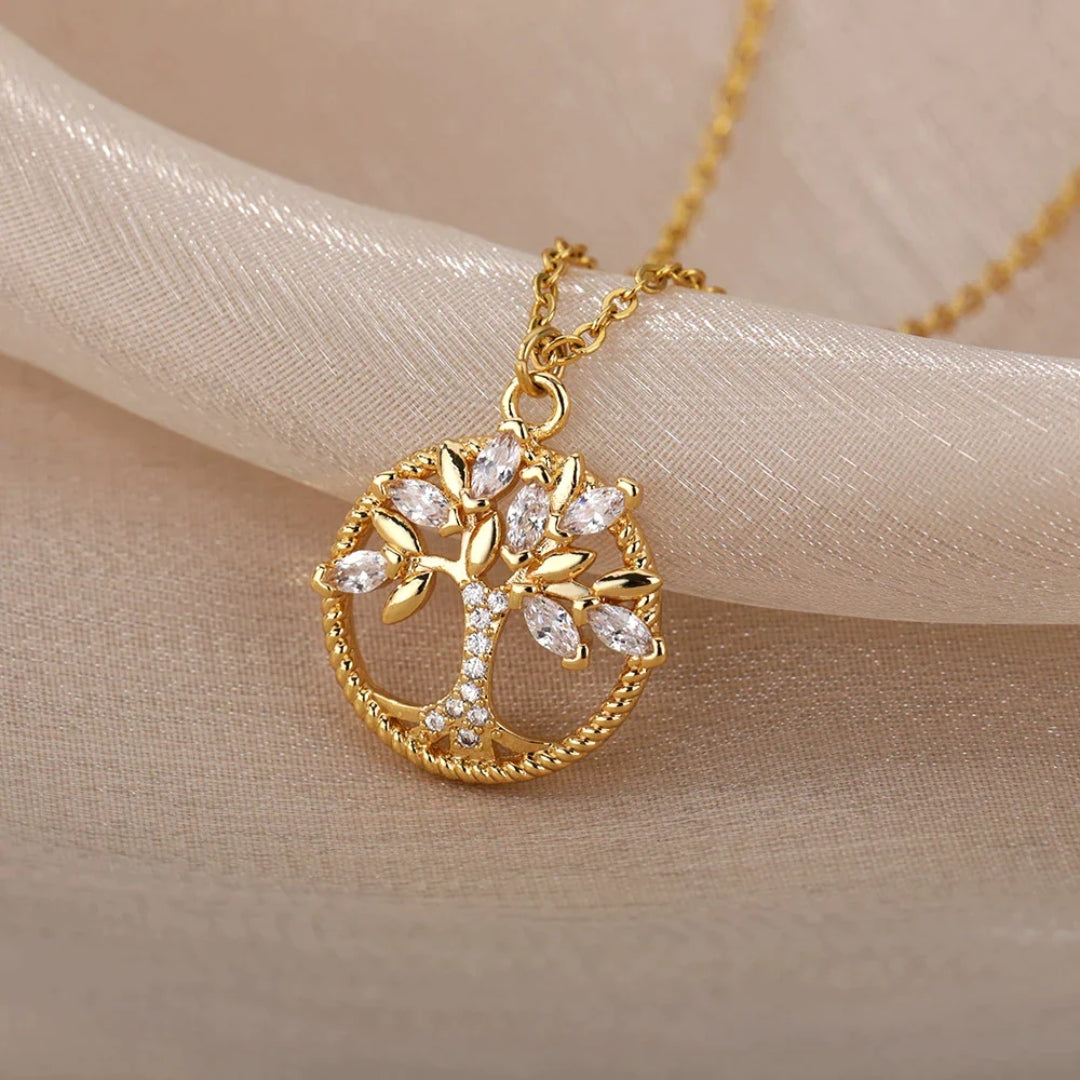 Axelle - Collier pendentif arbre de vie en or et cristaux