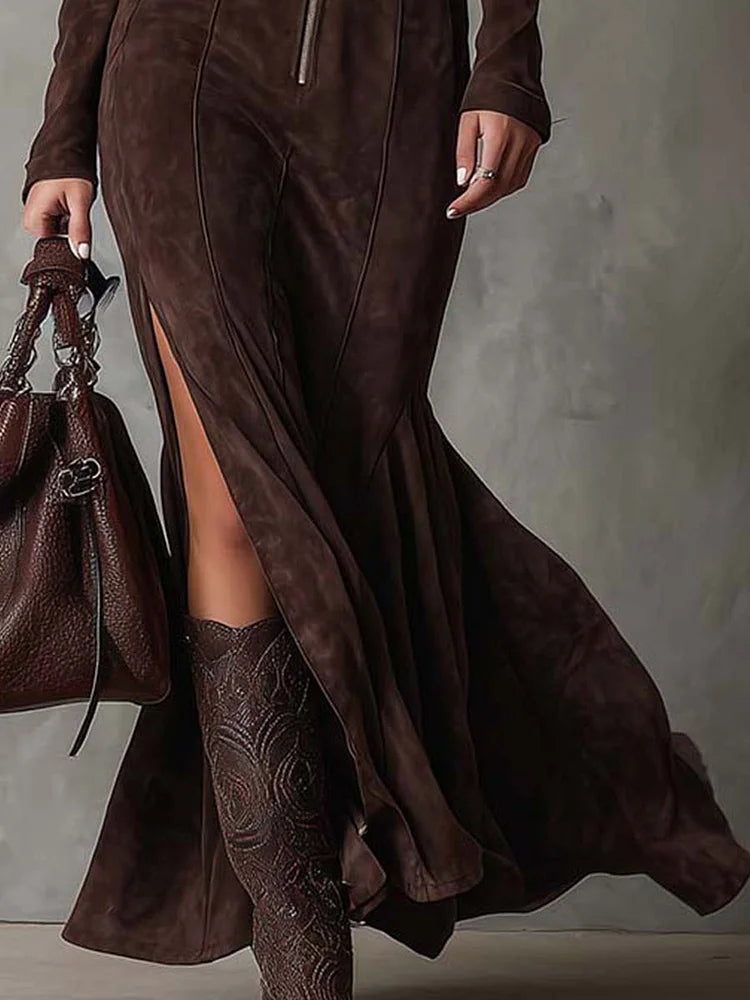 Mathilde | Robe longue en velours marron avec ceinture