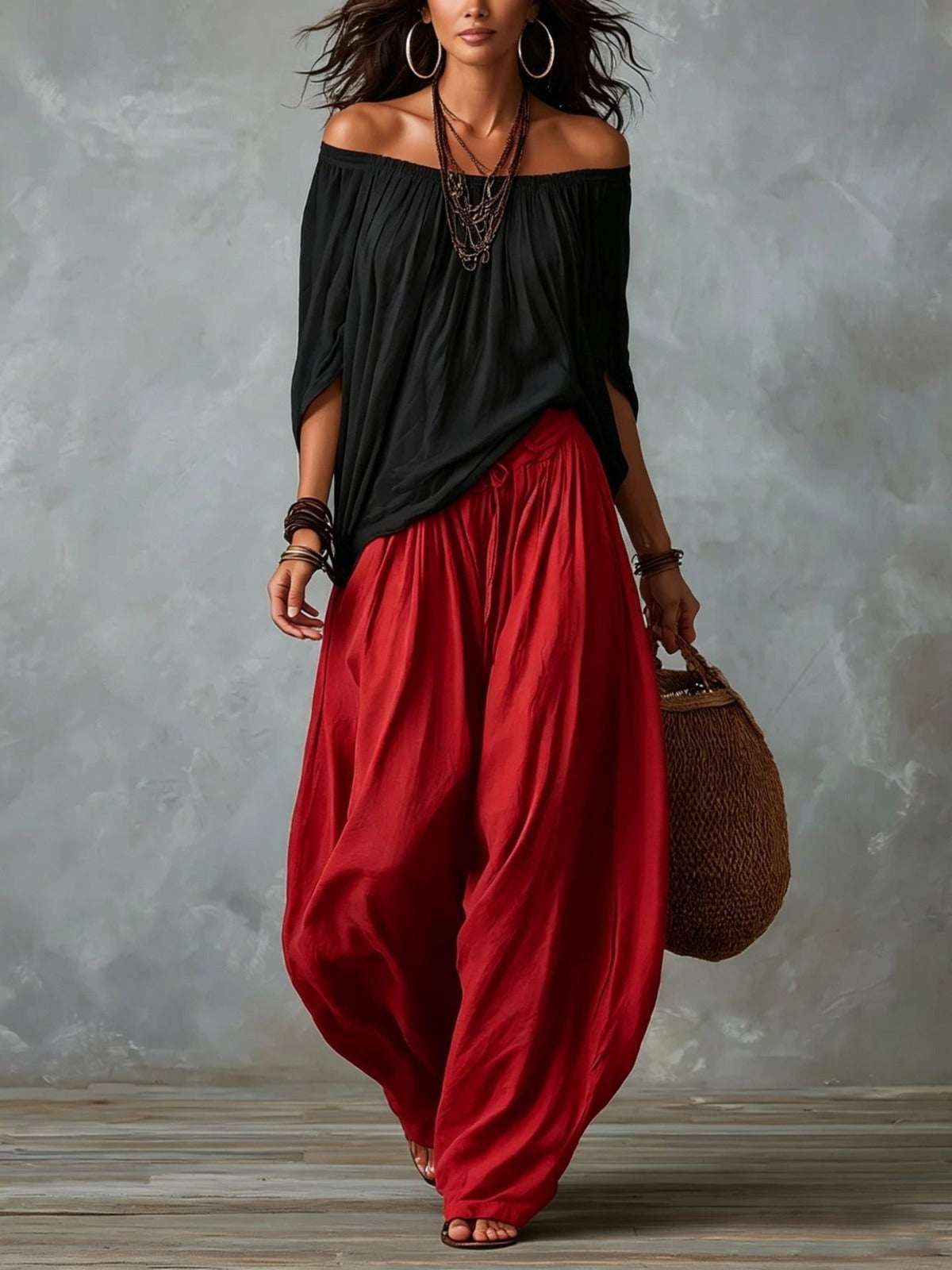 Almudena | Conjunto blusa off-shoulder y pantalón palazzo