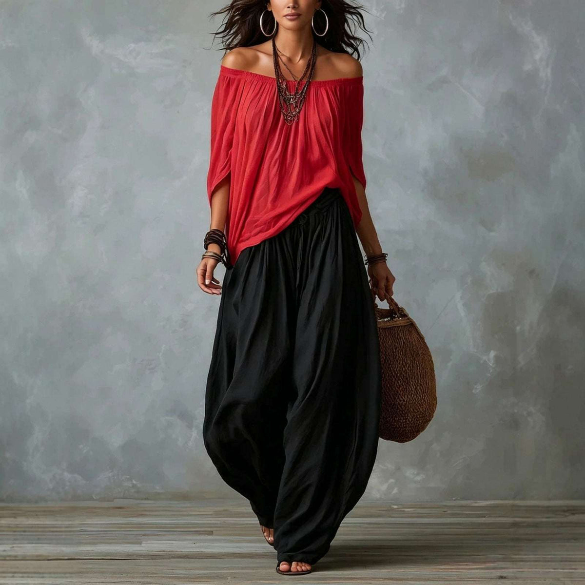 Almudena | Conjunto blusa off-shoulder y pantalón palazzo