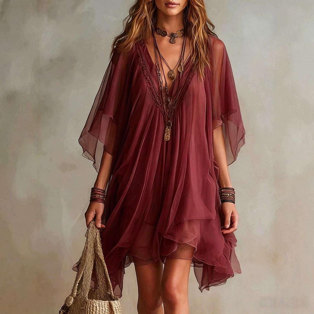 Silvia | Vestido vaporoso de encaje con mangas capa