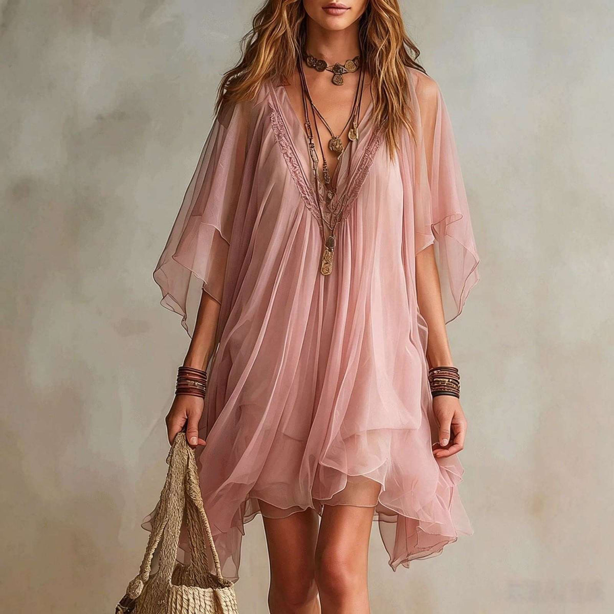 Silvia | Vestido vaporoso de encaje con mangas capa