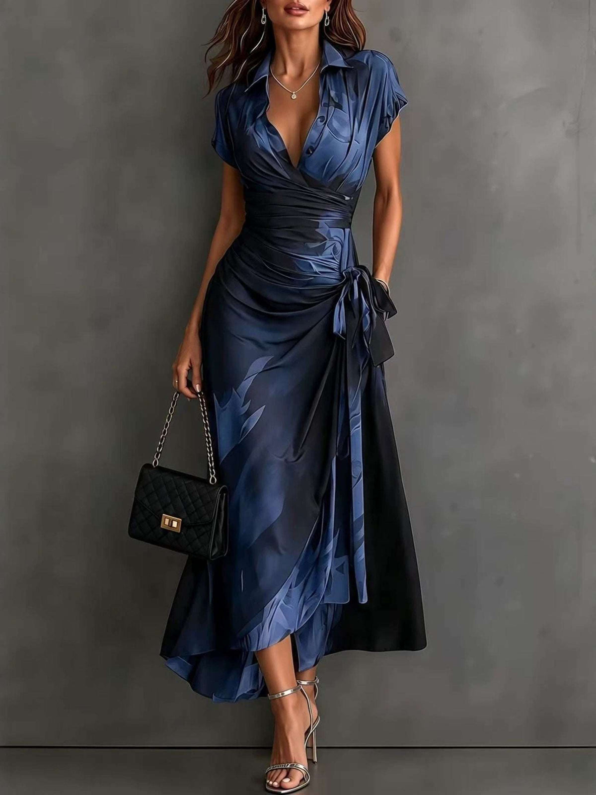 Selene | Vestido Cruzado con Lazo y Estampado Abstracto