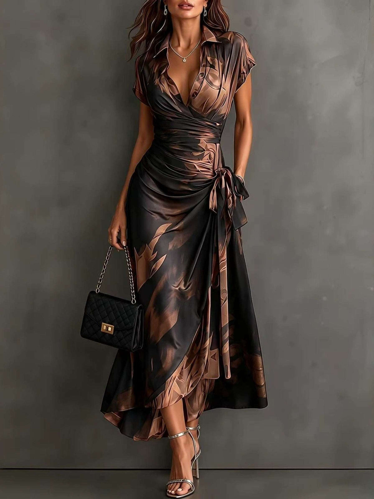 Selene | Vestido Cruzado con Lazo y Estampado Abstracto