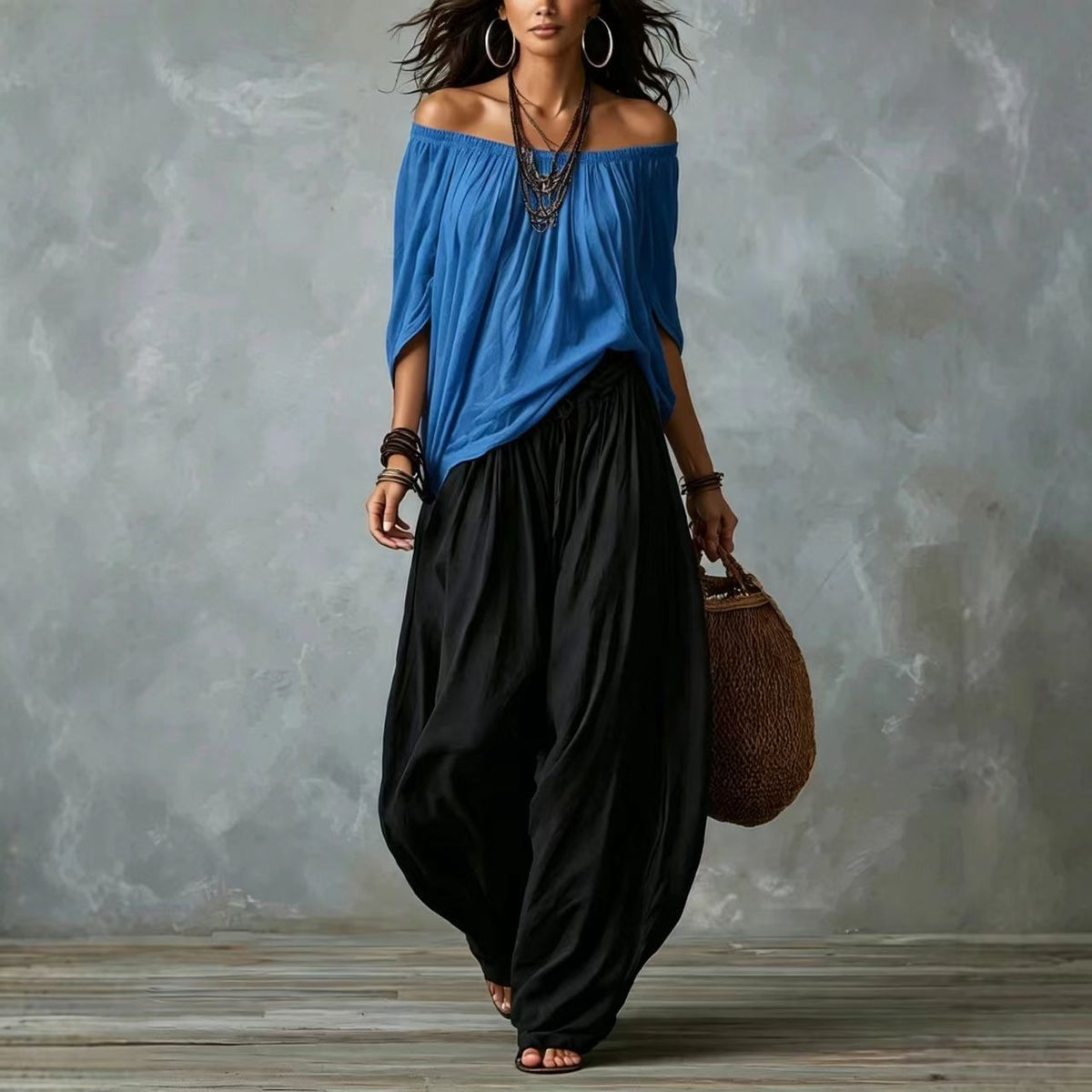 Pivoine | Ensemble blouse épaules dénudées et pantalon palazzo