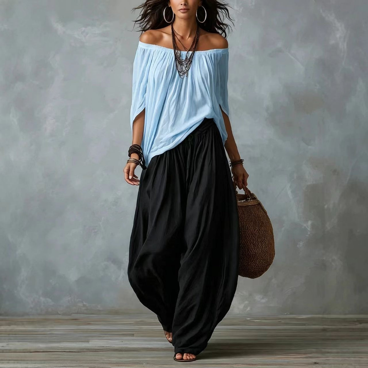 Pivoine | Ensemble blouse épaules dénudées et pantalon palazzo