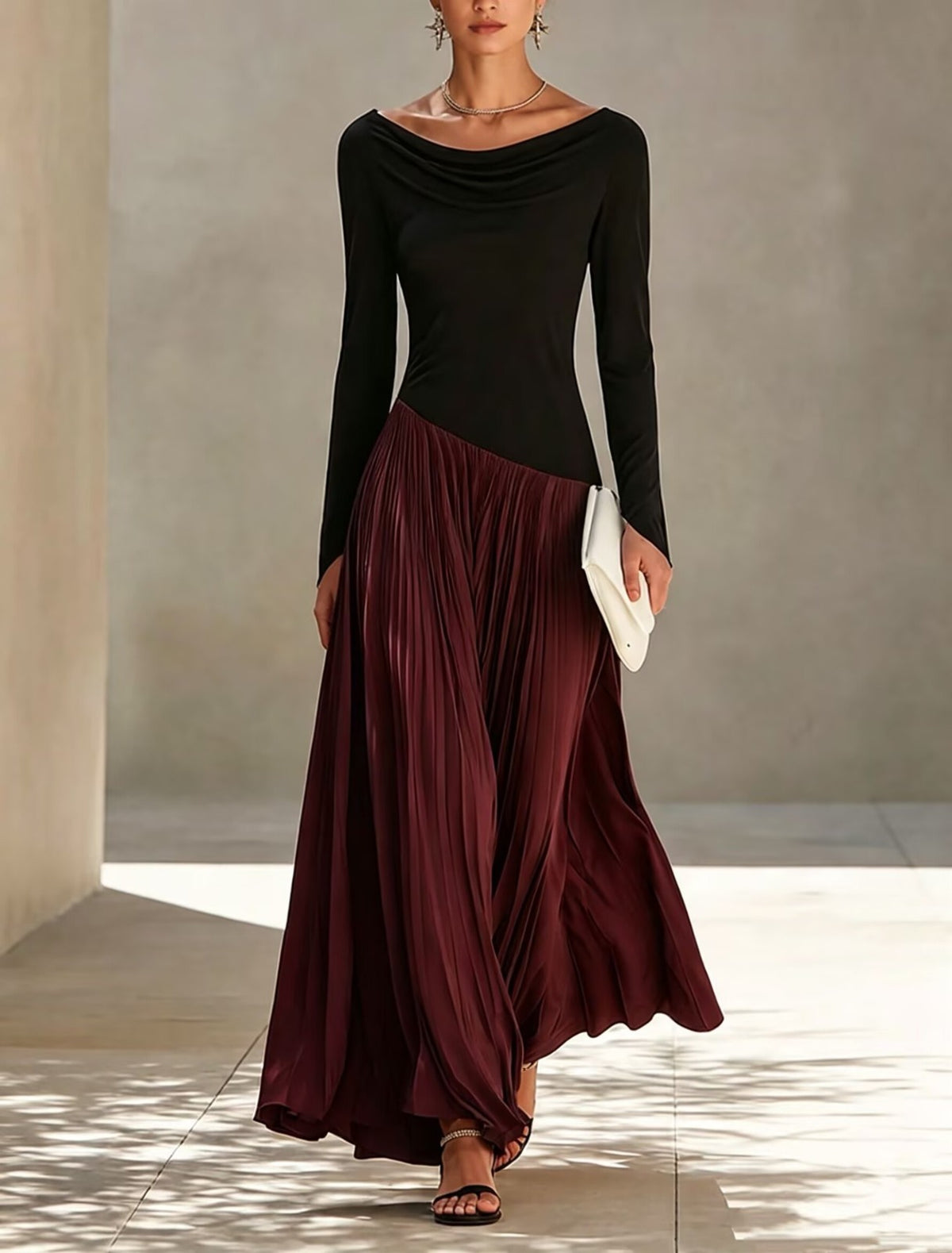 Maëlle | Robe Longue Drapée à Jupe Plissée