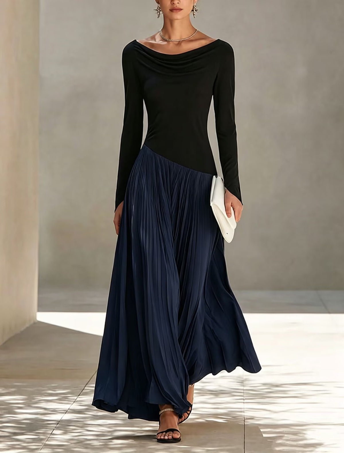 Maëlle | Robe Longue Drapée à Jupe Plissée