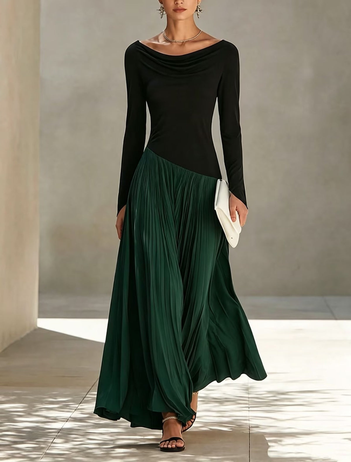 Maëlle | Robe Longue Drapée à Jupe Plissée