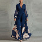 Elena | Vestido Largo Floral Escote en V y Manga Larga