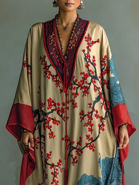 Fleur | Robe longue japonaise à fleurs de prunier et manches chauve-souris