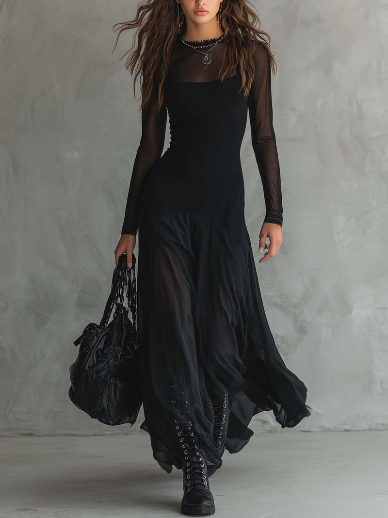 Apolline | Robe fluide élégante à manches longues transparentes