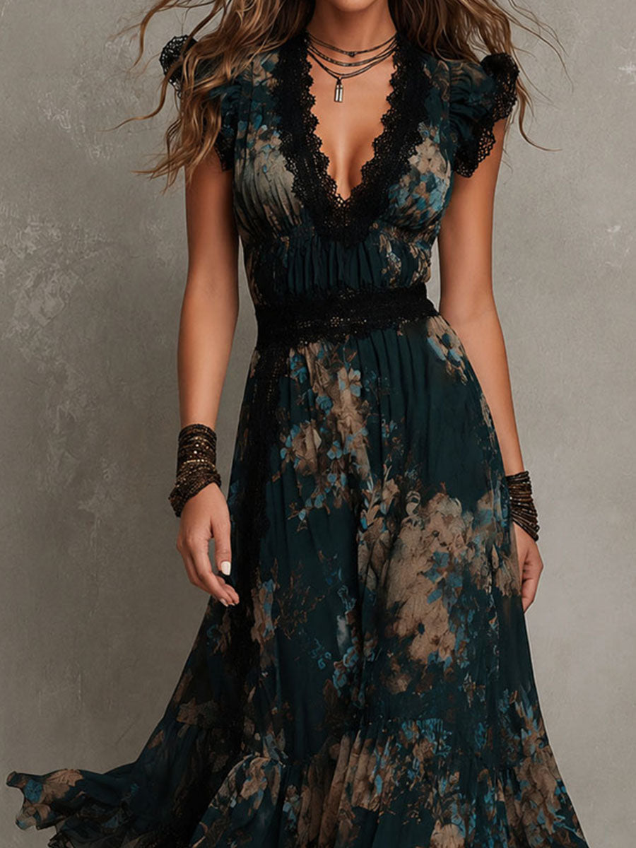Lucie | Robe longue vintage à dentelle florale