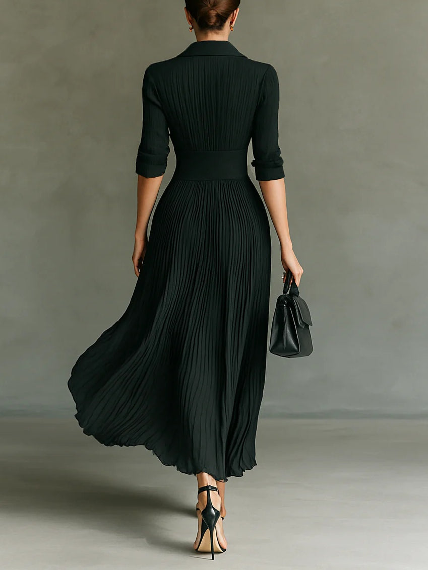Elvire | Robe longue plissée à col revers et taille haute