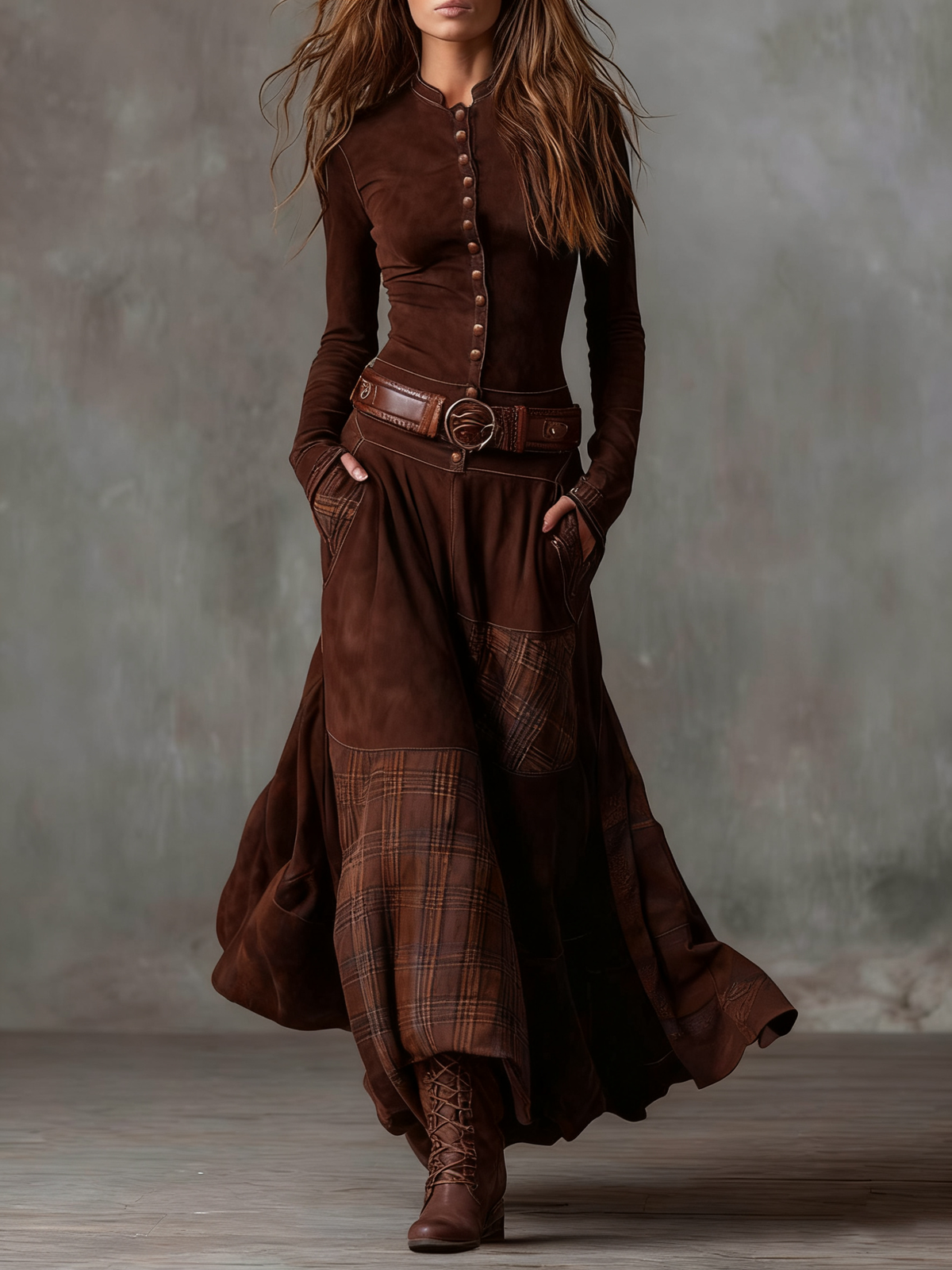 Élisa | Robe longue effet daim avec ceinture