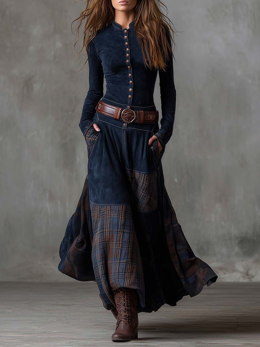 Élisa | Robe longue effet daim avec ceinture
