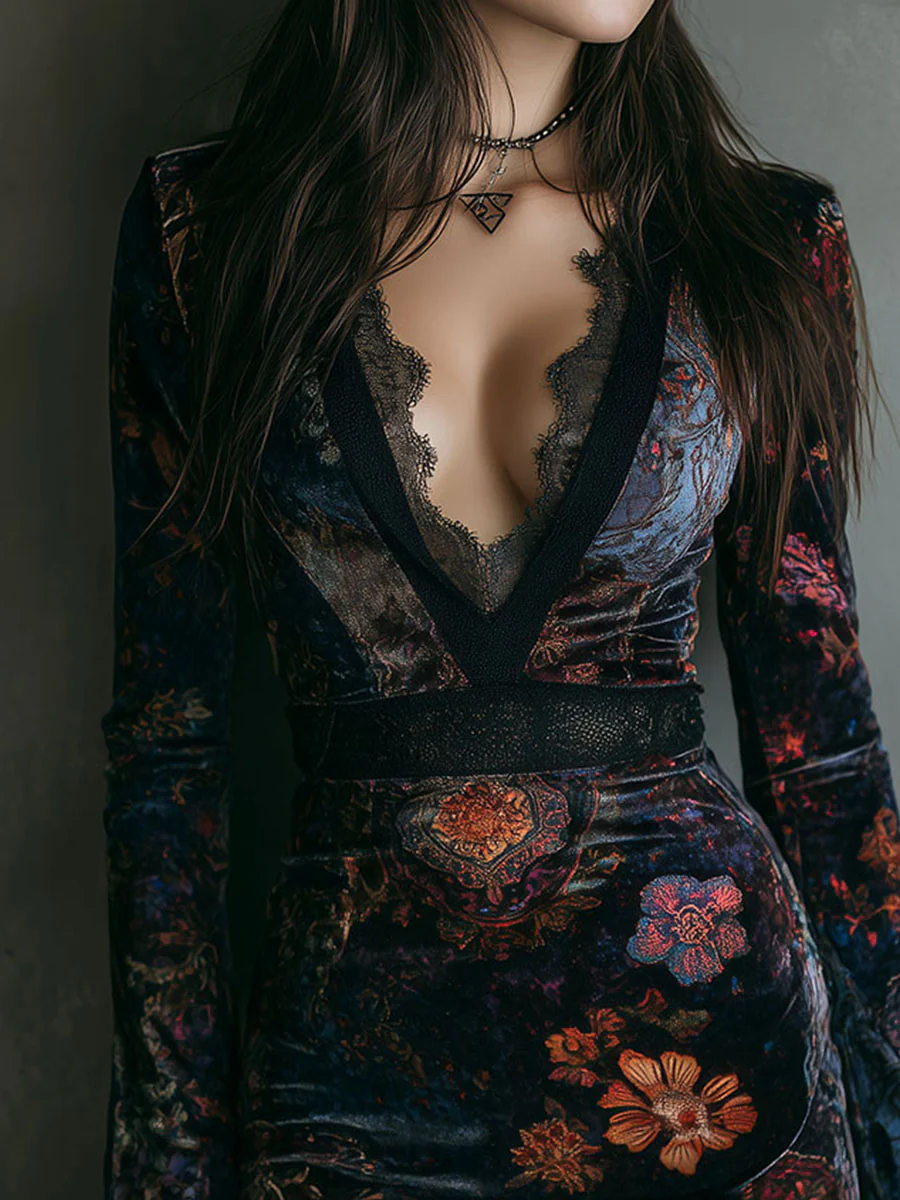 Capucine | Mini-robe ajustée en velours à imprimé fleuri et col en V bordé de dentelle