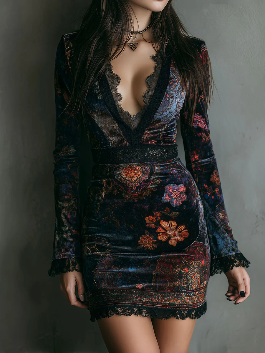 Capucine | Mini-robe ajustée en velours à imprimé fleuri et col en V bordé de dentelle